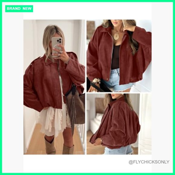 Faux Suede Bomber Jacket with Pockets, Cropped Zip Up Outerwear - Picture 5 of 7